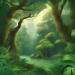 Create a fantasy-themed novel cover featuring a lush green jungle background with detailed vegetation