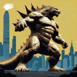 Create an image of a golden-colored Godzilla without the blue glowing feature