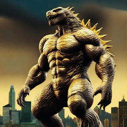 Create an image of a golden-colored Godzilla without the blue glowing feature