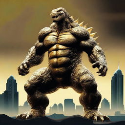 Create an image of a golden-colored Godzilla without the blue glowing feature