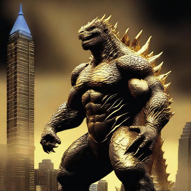 Create an image of a golden-colored Godzilla without the blue glowing feature