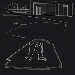 A black and white illustration of a crime scene with the outline of a body drawn in chalk on the ground