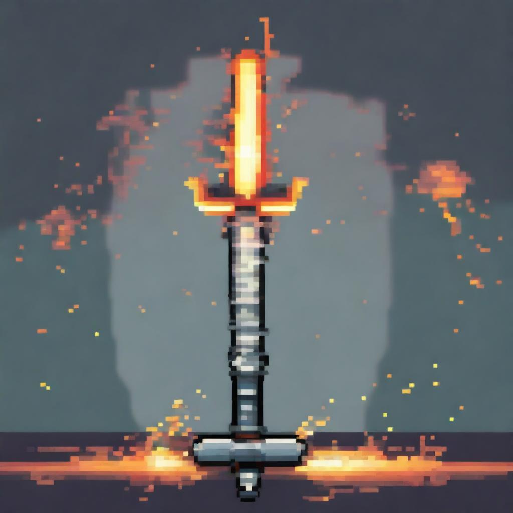 A pixel art image of a sword emitting energy slashes