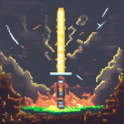 A pixel art image of a sword emitting energy slashes