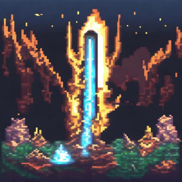 A pixel art image of a sword emitting energy slashes