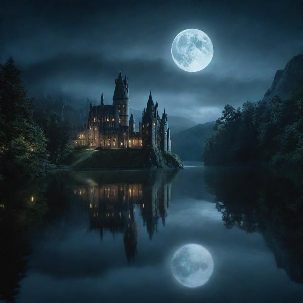 A nighttime scene depicting the lake near Hogwarts in the Harry Potter series, the waters mirror-like under the moonlight, adding a magical, serene, and mystical feel to the scene.