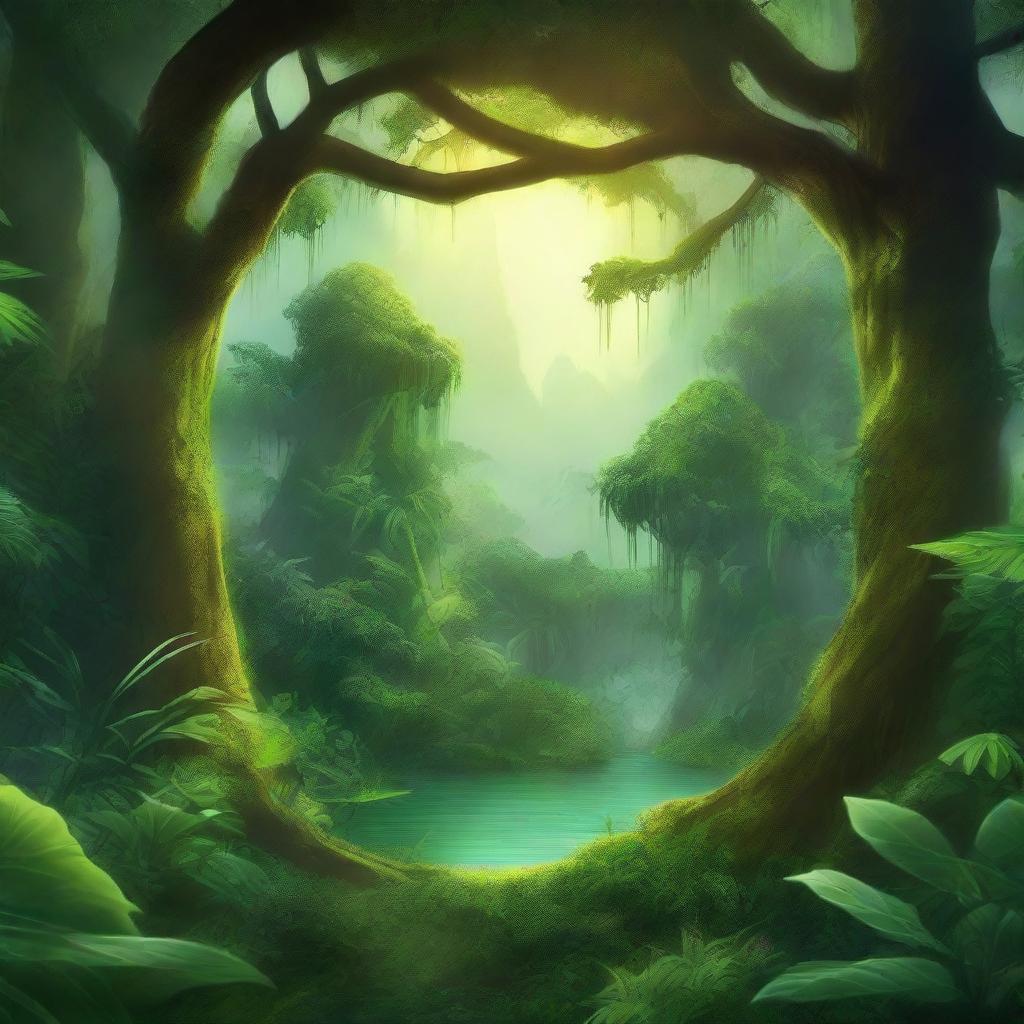 Create a fantasy-themed novel cover featuring a lush green jungle background