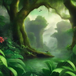 Create a fantasy-themed novel cover featuring a lush green jungle background