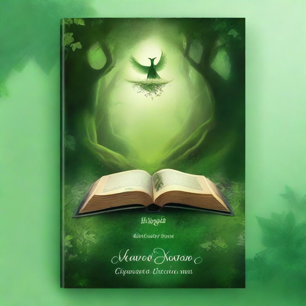 Create a fantasy-themed novel cover featuring a lush green background