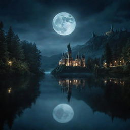 A nighttime scene depicting the lake near Hogwarts in the Harry Potter series, the waters mirror-like under the moonlight, adding a magical, serene, and mystical feel to the scene.