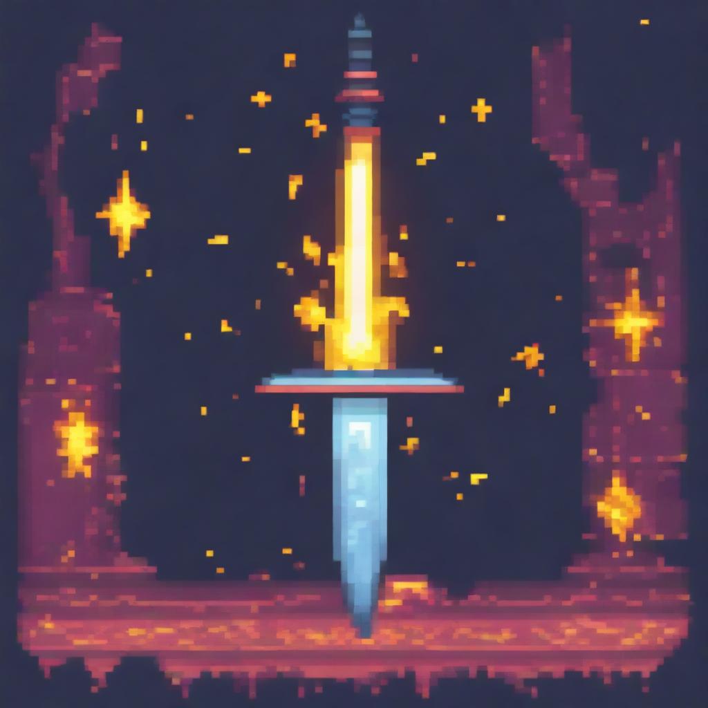 A pixel art image of a sword surrounded by energy slashes