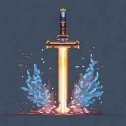 A pixel art image of a sword surrounded by energy slashes