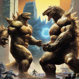 A dynamic scene featuring a golden-colored Godzilla without the blue glow, with buff appearance and glowing golden spines, fighting against King Kong who is wearing Hi-Tech Armor