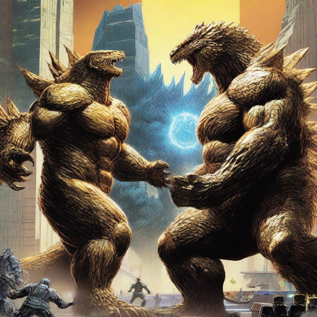 A dynamic scene featuring a golden-colored Godzilla without the blue glow, with buff appearance and glowing golden spines, fighting against King Kong who is wearing Hi-Tech Armor