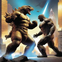 A dynamic scene featuring a golden-colored Godzilla without the blue glow, with buff appearance and glowing golden spines, fighting against King Kong who is wearing Hi-Tech Armor