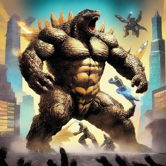 A dynamic scene featuring a golden-colored Godzilla without the blue glow, with buff appearance and glowing golden spines, fighting against King Kong who is wearing Hi-Tech Armor