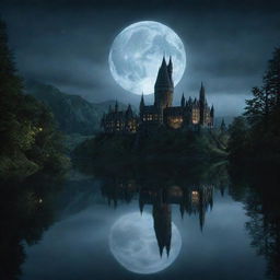 A nighttime scene depicting the lake near Hogwarts in the Harry Potter series, the waters mirror-like under the moonlight, adding a magical, serene, and mystical feel to the scene.