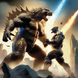 A dynamic scene featuring a golden-colored Godzilla without the blue glow, with buff appearance and glowing golden spines, fighting against King Kong who is wearing Hi-Tech Armor