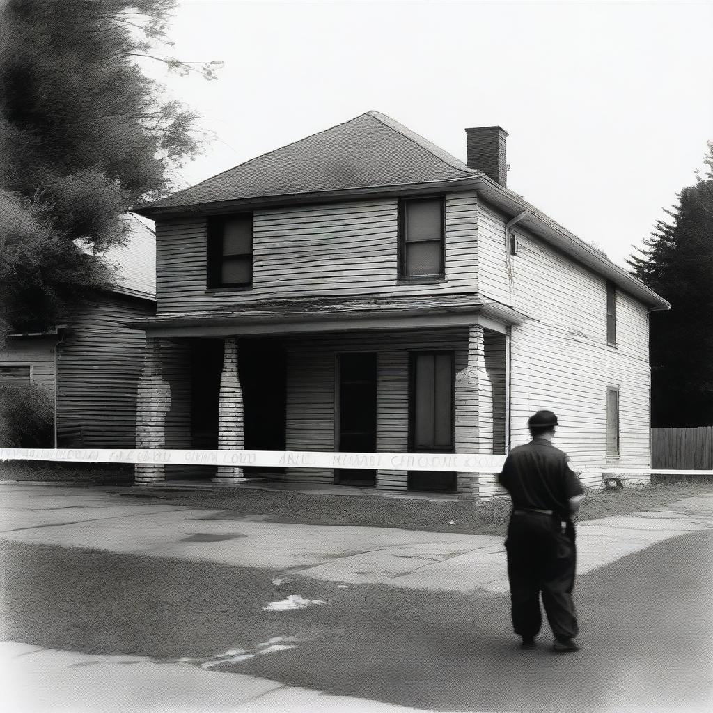 A black and white image depicting the exterior of a house at a crime scene