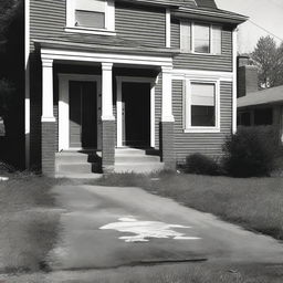 A black and white image depicting the exterior of a house at a crime scene