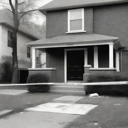 A black and white image depicting the exterior of a house at a crime scene