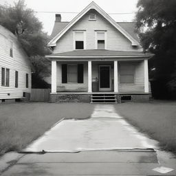 A black and white image depicting the exterior of a house at a crime scene