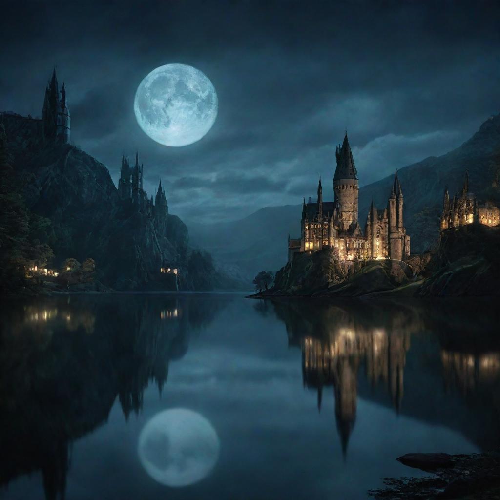 A nighttime scene depicting the lake near Hogwarts in the Harry Potter series, the waters mirror-like under the moonlight, adding a magical, serene, and mystical feel to the scene.