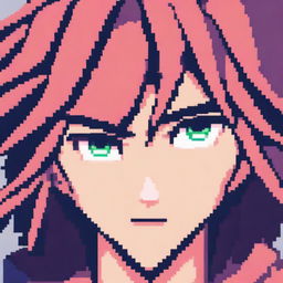 A pixel art image of an anime-style male character's head