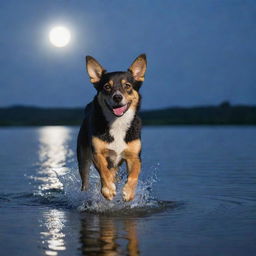 A playful dog joyfully splashing in the cool moonlight