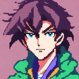 A pixel art image of an anime-style male character's head