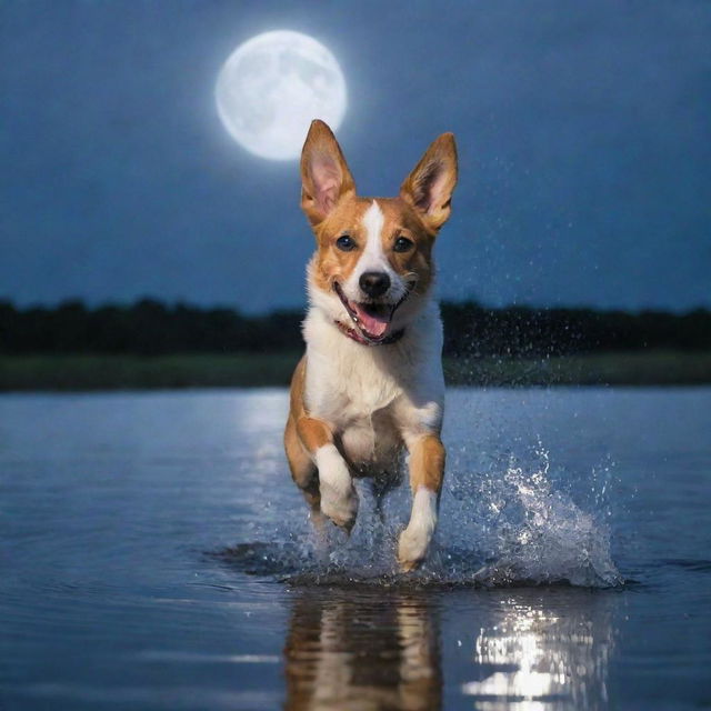 A playful dog joyfully splashing in the cool moonlight