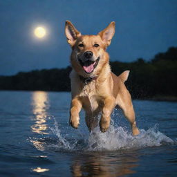 A playful dog joyfully splashing in the cool moonlight