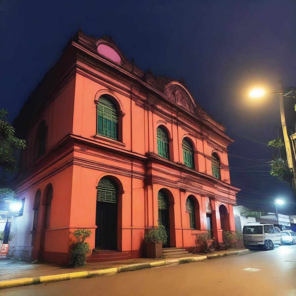 Latar belakang malam yang gelap dihiasi dengan cahaya neon dari gedung-gedung tinggi dan lampu jalan yang berkedip-kedip, menciptakan suasana kota metropolitan yang misterius dan bersemangat