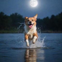 A playful dog joyfully splashing in the cool moonlight