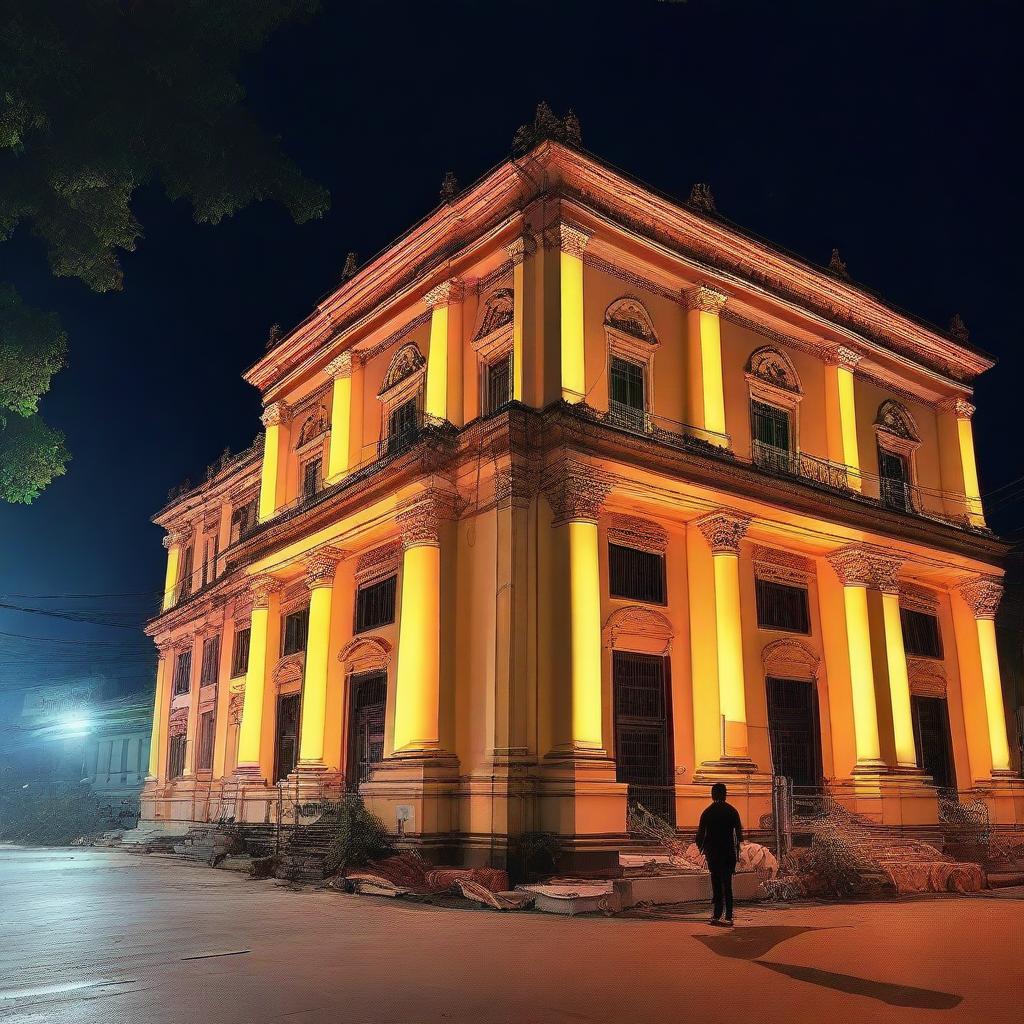 Latar belakang malam yang gelap dihiasi dengan cahaya neon dari gedung-gedung tinggi dan lampu jalan yang berkedip-kedip, menciptakan suasana kota metropolitan yang misterius dan bersemangat