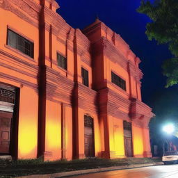 Latar belakang malam yang gelap dihiasi dengan cahaya neon dari gedung-gedung tinggi dan lampu jalan yang berkedip-kedip, menciptakan suasana kota metropolitan yang misterius dan bersemangat