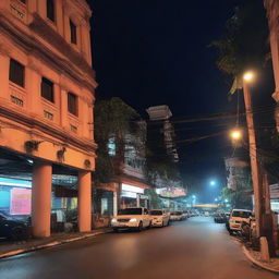 Latar belakang malam yang gelap dihiasi dengan cahaya neon dari gedung-gedung tinggi dan lampu jalan yang berkedip-kedip, menciptakan suasana kota metropolitan yang misterius dan bersemangat