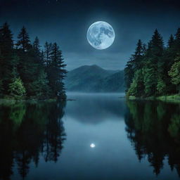 A nighttime scene of the lake from the Harry Potter series, focusing solely on the still waters under the full moon's reflection, creating a serene, magical, and mystic environment.