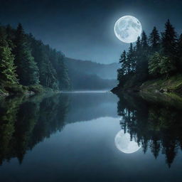 A nighttime scene of the lake from the Harry Potter series, focusing solely on the still waters under the full moon's reflection, creating a serene, magical, and mystic environment.