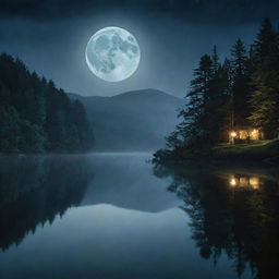 A nighttime scene of the lake from the Harry Potter series, focusing solely on the still waters under the full moon's reflection, creating a serene, magical, and mystic environment.