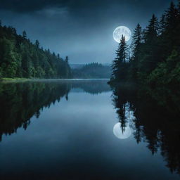 A nighttime scene of the lake from the Harry Potter series, focusing solely on the still waters under the full moon's reflection, creating a serene, magical, and mystic environment.