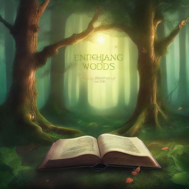 Design a detailed book cover for 'Enchanting Mysterious Woods'