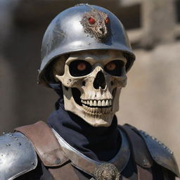 A menacing soldier adorned with a helmet made from a lizard skull. The skull's eye sockets are containing brilliant, flaming eyes.