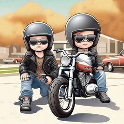 A detailed illustration of two young children dressed as biker gang members