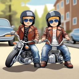 A detailed illustration of two young children dressed as biker gang members