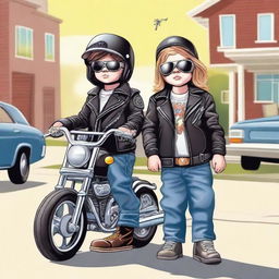 A detailed illustration of two young children dressed as biker gang members