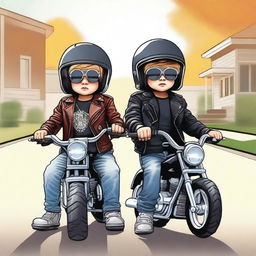 A detailed illustration of two young children dressed as biker gang members