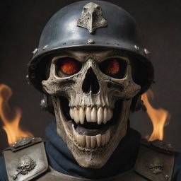 A menacing soldier adorned with a helmet made from a lizard skull. The skull's eye sockets are containing brilliant, flaming eyes.