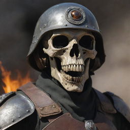 A menacing soldier adorned with a helmet made from a lizard skull. The skull's eye sockets are containing brilliant, flaming eyes.