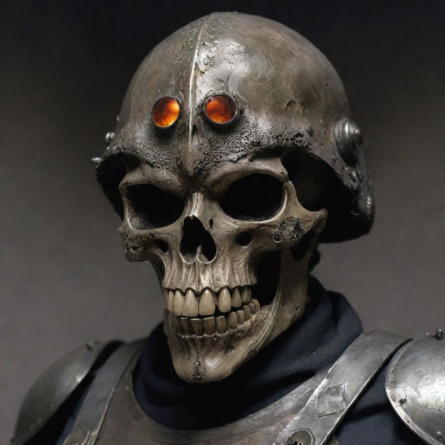 A menacing soldier adorned with a helmet made from a lizard skull. The skull's eye sockets are containing brilliant, flaming eyes.